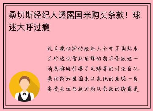 桑切斯经纪人透露国米购买条款！球迷大呼过瘾